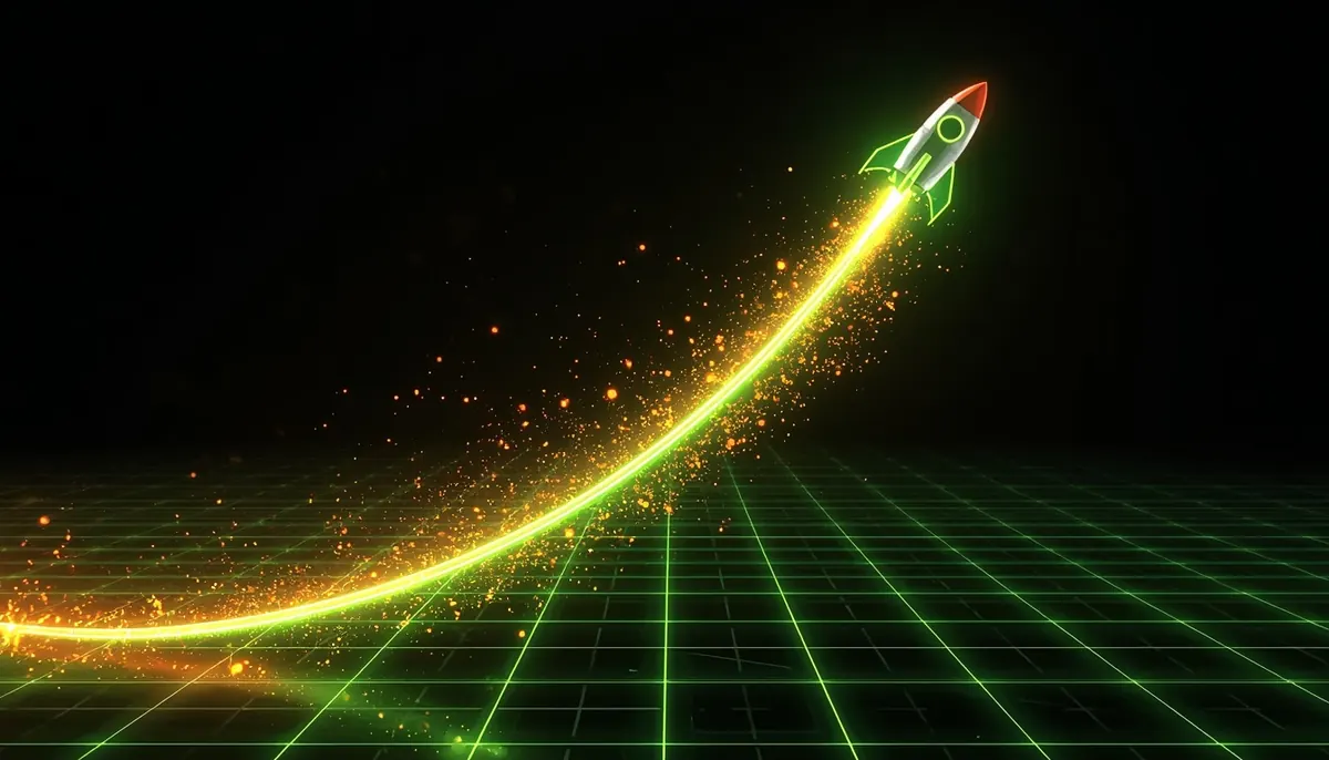 Rakete steigt entlang einer leuchtenden Multiplikator-Kurve über einem dunklen Raster
