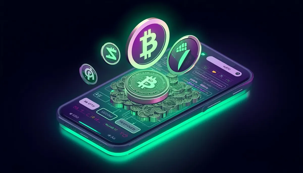 Neon-Illustration eines Krypto-Casinos auf dem Handy mit Bitcoin- und Tether-Münzen